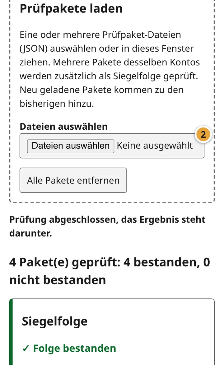 Prüfwerkzeug für MyTid nach dem Laden von vier Test-Prüfpaketen: das Feld Dateien auswählen (Markierung 2), darunter die Zusammenfassung 4 Paket(e) geprüft: 4 bestanden, 0 nicht bestanden und die Siegelfolge mit Folge bestanden.