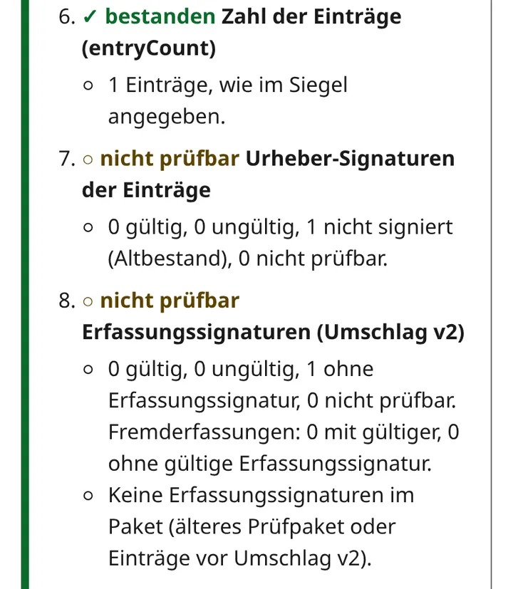 Prüfschritte eines Test-Prüfpakets im Prüfwerkzeug für MyTid: Schritt 6, Zahl der Einträge, ist bestanden, die Schritte 7 und 8, Urheber-Signaturen und Erfassungssignaturen, sind nicht prüfbar, jeweils mit Grund wie nicht signiert (Altbestand).