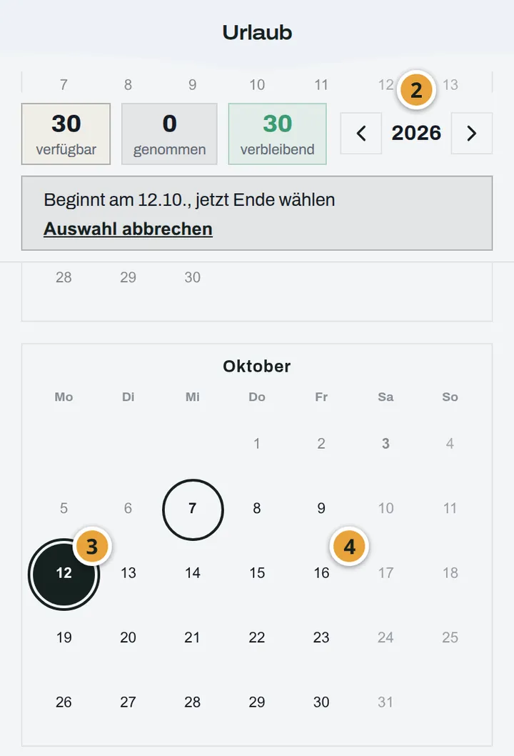 Jahreskalender in der Ansicht Urlaub von MyTid: oben die Jahreswahl mit 2026 (Markierung 2), darunter der Hinweis Beginnt am 12.10., jetzt Ende wählen, im Oktober der markierte erste Urlaubstag 12 (Markierung 3) und der letzte Urlaubstag 16 (Markierung 4).